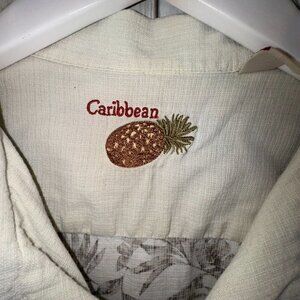 Caribbean Joe Mens Size L Hawaiian Button Up Silk Blend Shirt Wood Buttons VTG